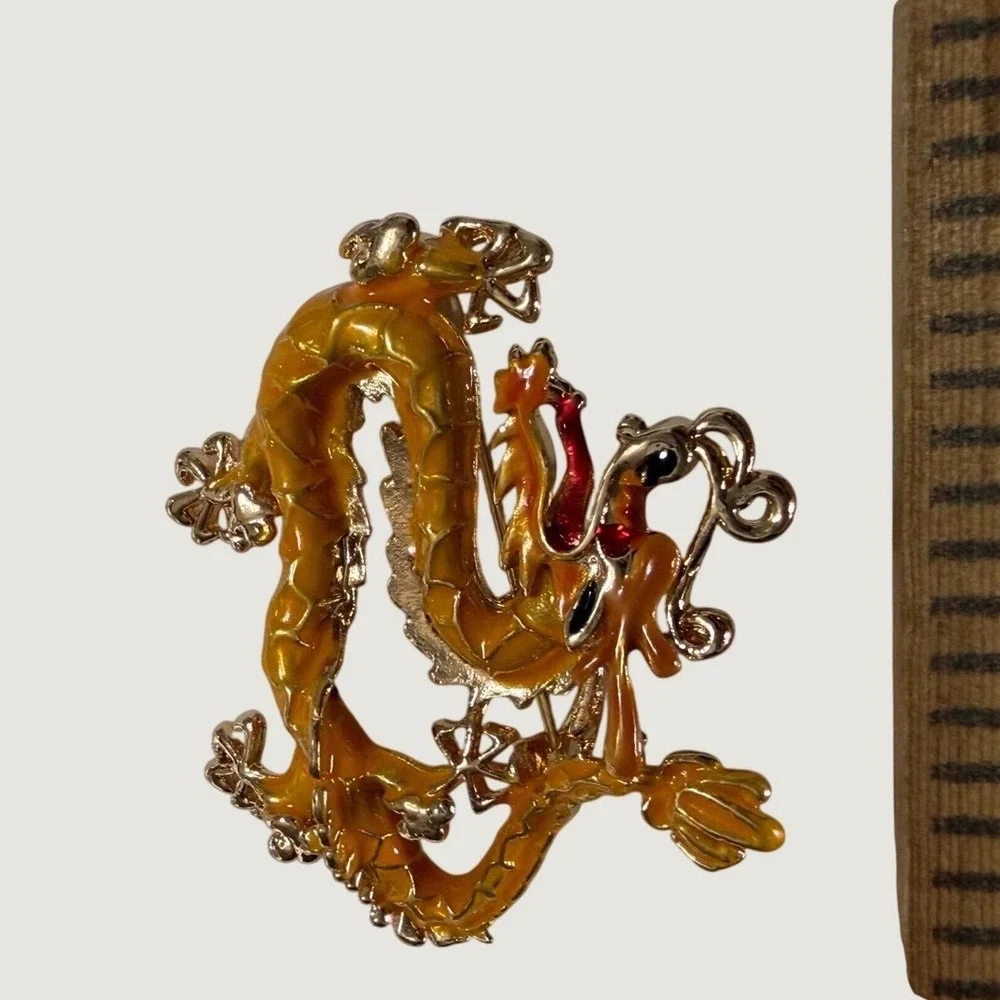 Vintage Orange Enamel Chinese Dragon Brooch Gold Tone Mythical Creature Pin 2